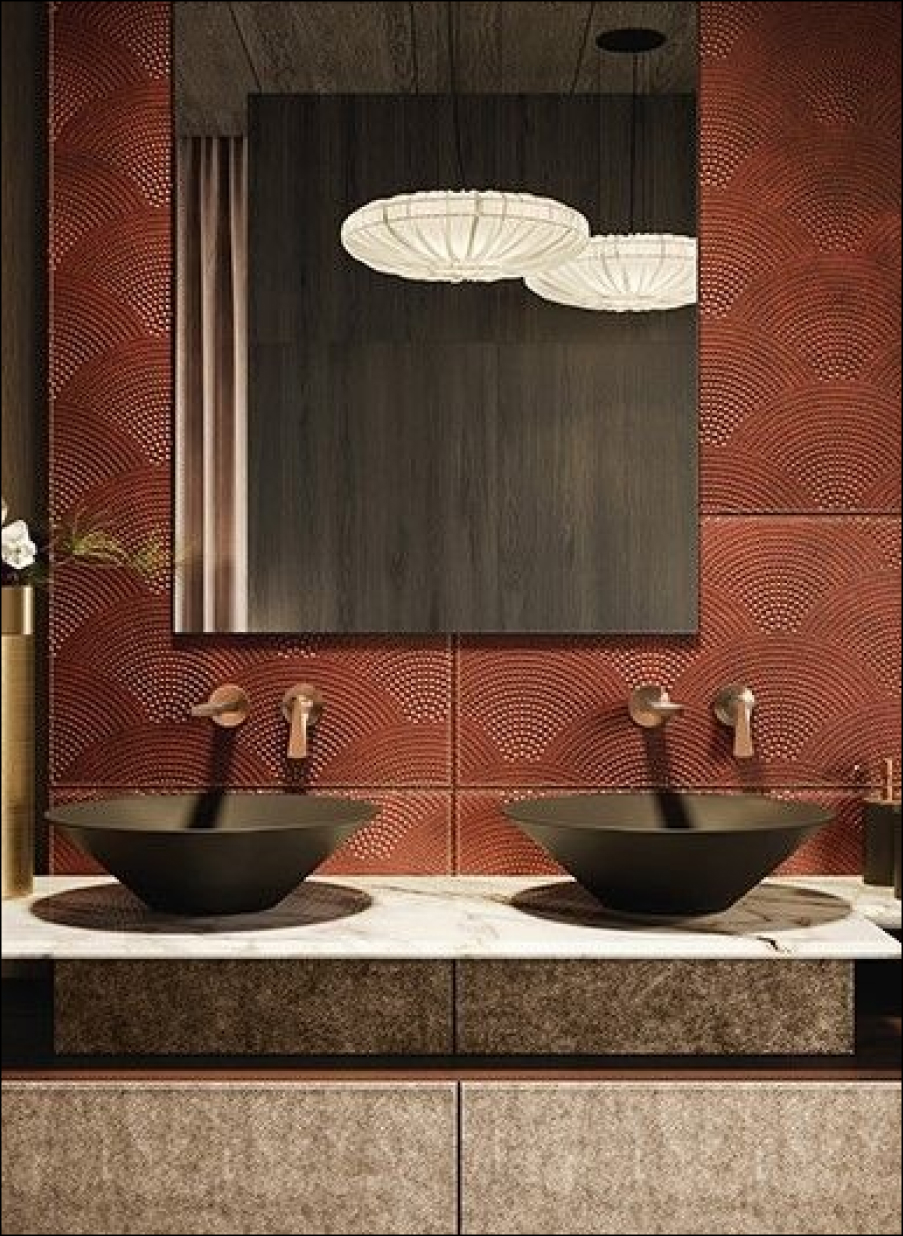 Grifería de baño italiana acabado bronce sobre lavabos dobles en revestimiento rojo