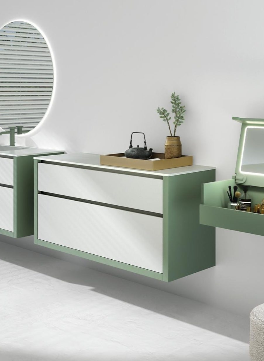 Composición de muebles de baño italianos en blanco y verde minimalista
