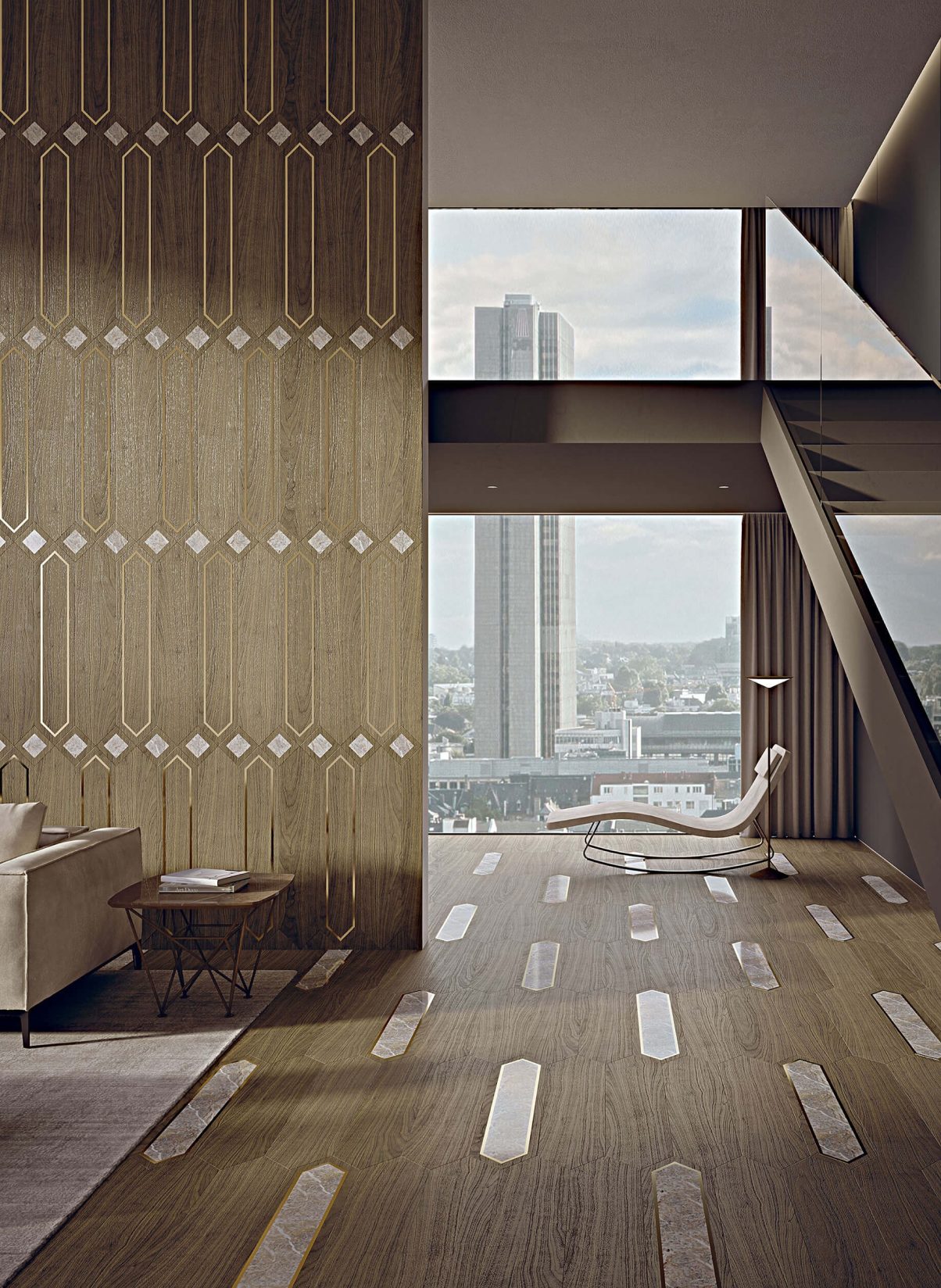 Parquet con diseño geométrico en madera natural para suelos y revestimientos