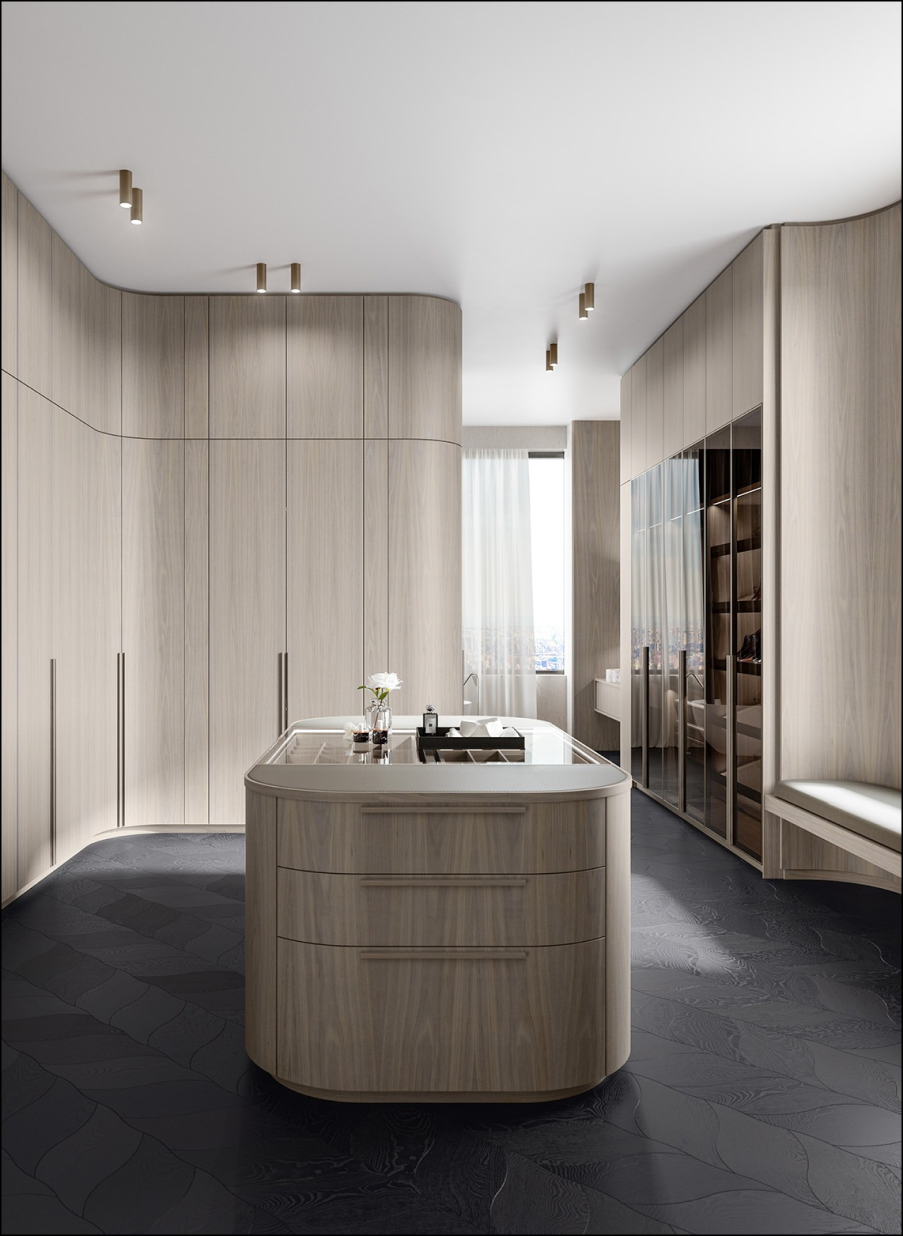 Mueble de madera para baño moderno con acabado redondeado y efecto mármol