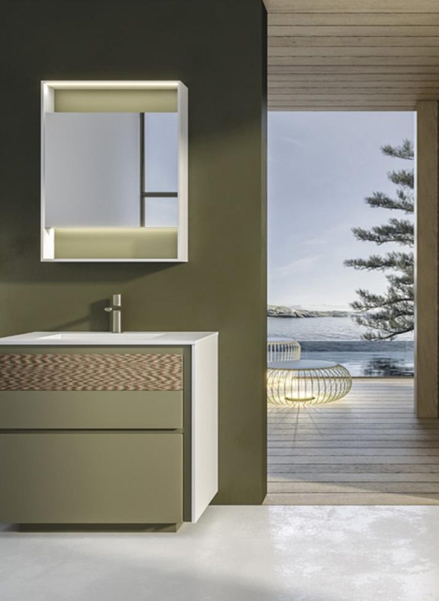 Composición de baño italiana en verde oliva con mueble suspendido y espejo rectangular