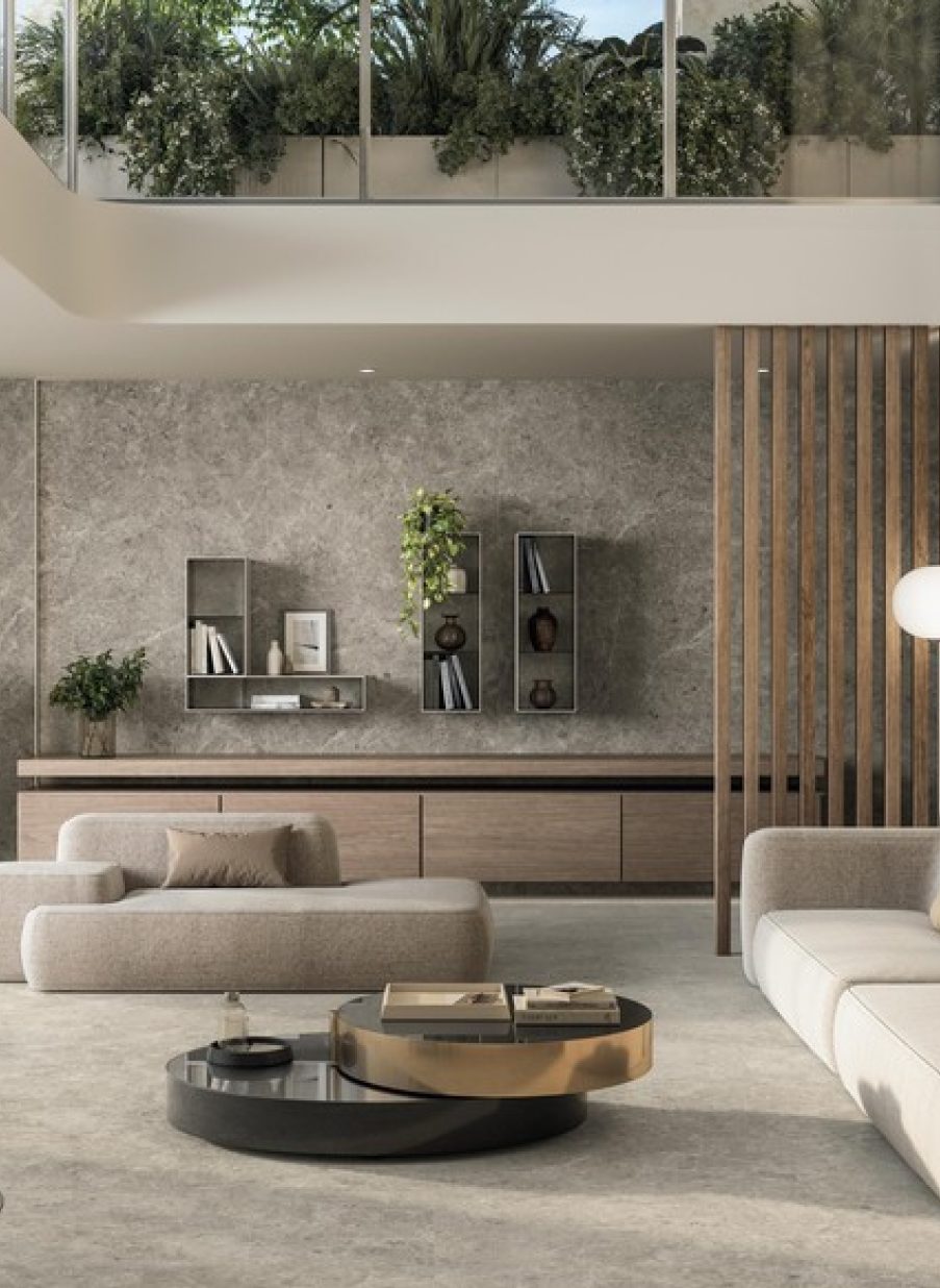 Gres porcelánico efecto piedra natural con acabado biofílico para interiores