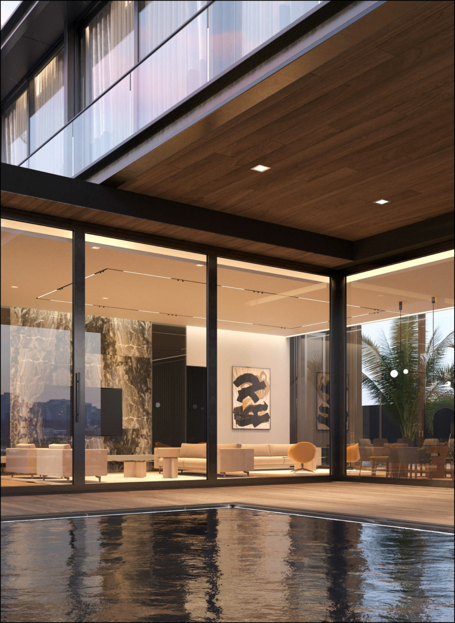 Salón contemporáneo con mobiliario de madera italiana y gran ventanal