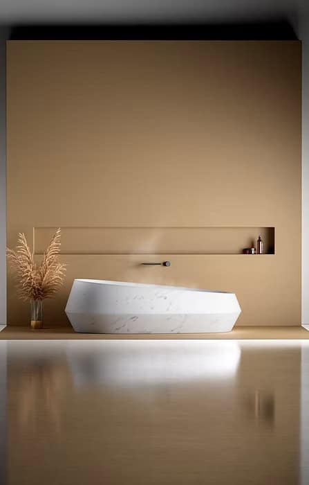 Lavabo de mármol blanco italiano sobre encimera en tonos beige