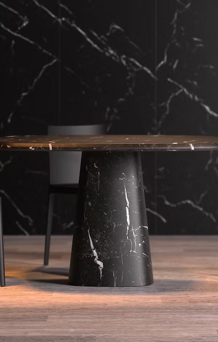 Mesa de mármol italiana con sobre de piedra natural y base cilíndrica negra